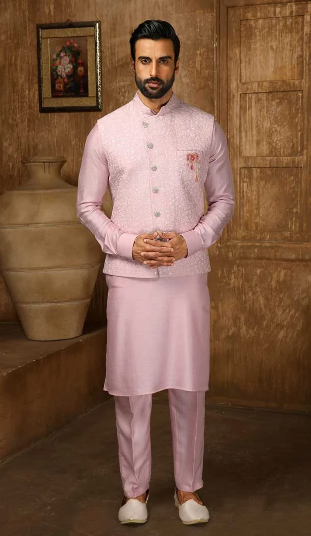 Art Banarasi Silk Embroidery Work Men's Kurta Pajama With Jacket In Pink Color -4607155964