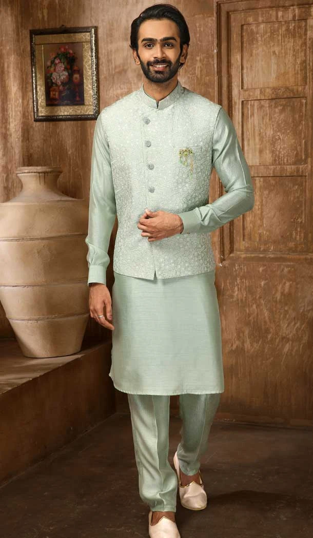 Art Banarasi Silk Embroidery Work Men's Kurta Pajama With Jacket In Pista Green Color -4607155965