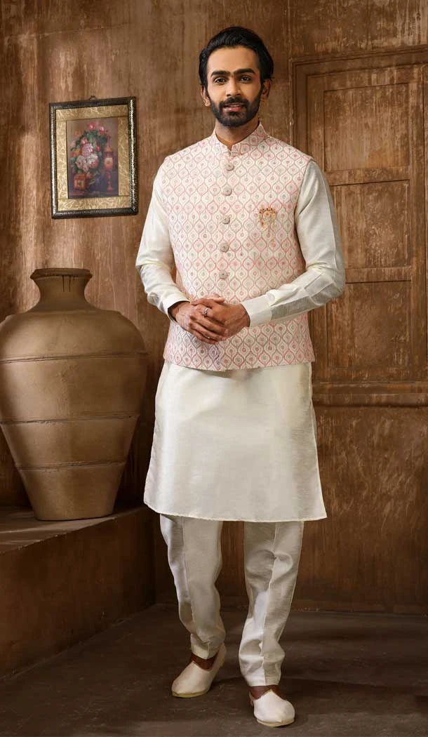 Art Banarasi Silk Embroidery Work Men's Kurta Pajama With Jacket In Cream Color -4607155966