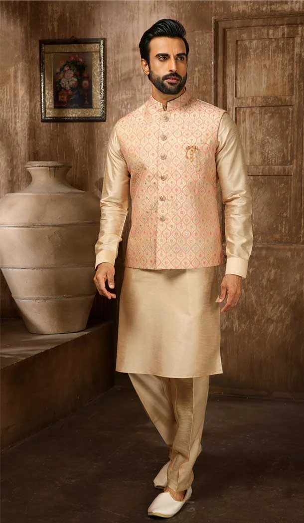 Art Banarasi Silk Embroidery Work Men's Kurta Pajama With Jacket In Beige Color -4607155967
