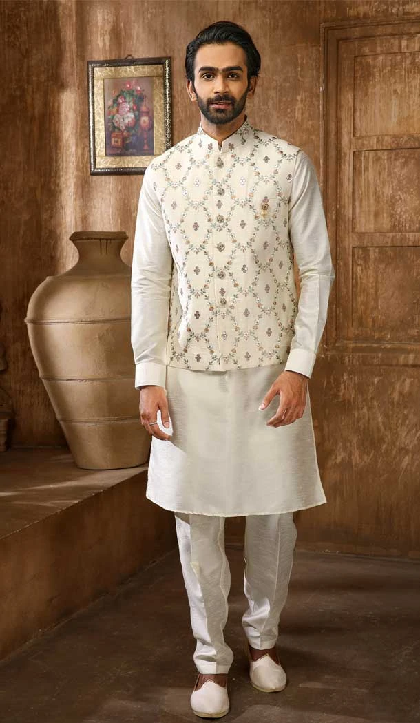 Art Banarasi Silk Embroidery Work Men's Kurta Pajama With Jacket In Cream Color -4607155968