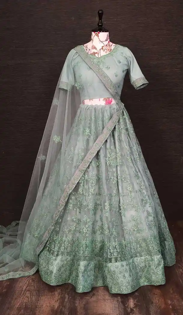 Mint Green Color Net Zari Embroidery Work Designer Party Wear Lehenga Choli -4609155981