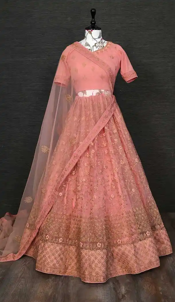 Peach Color Net Zari Embroidery Work Designer Party Wear Lehenga Choli -4609155982