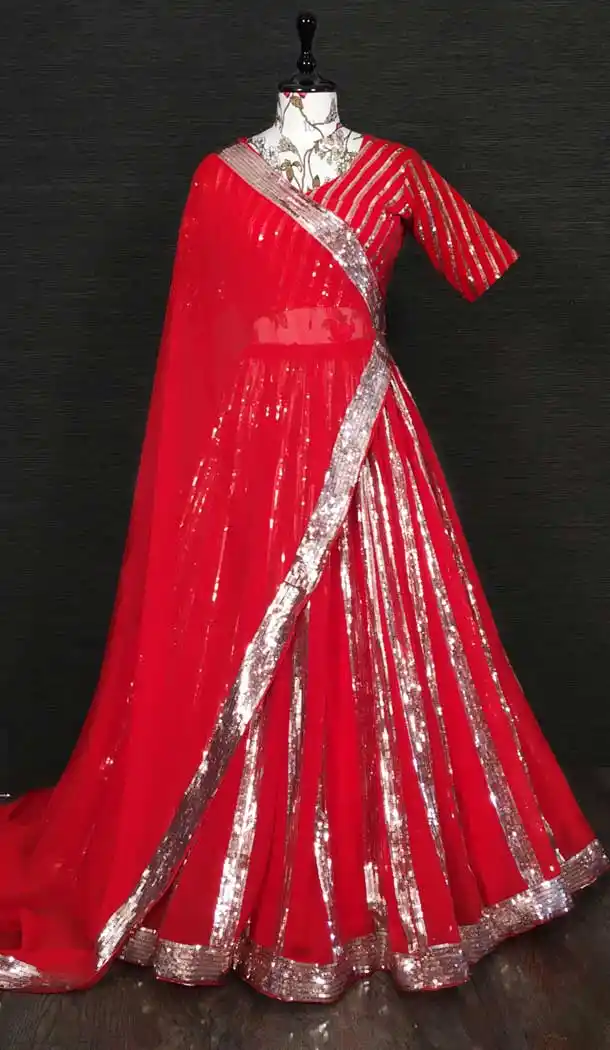 Red Georgette Sequins and Embroidery Work Designer Party Wear Lehenga Choli-4609155986
