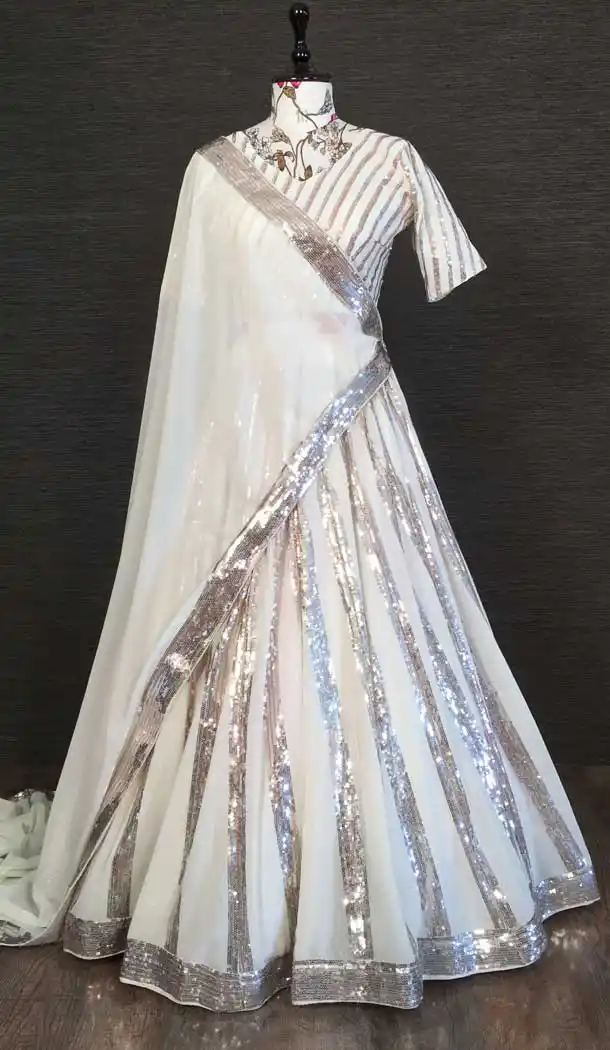 White Georgette Sequins and Embroidery Work Designer Party Wear Lehenga Choli-4609155987