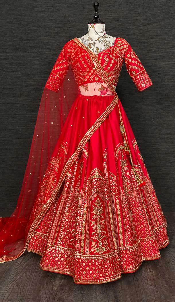 Red Malai Silk Sequence and Thread Embroidery Work Designer Party Wear Lehenga Choli -4609155988