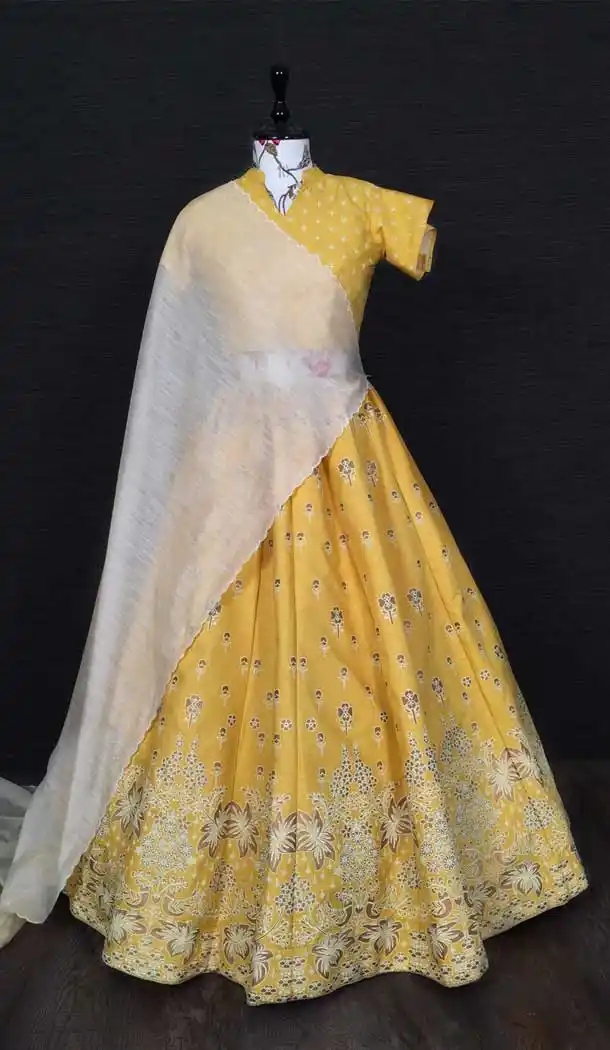 Yellow Color Aada Slub Silk Zari Work Designer Party Wear Lehenga Choli -4609155994