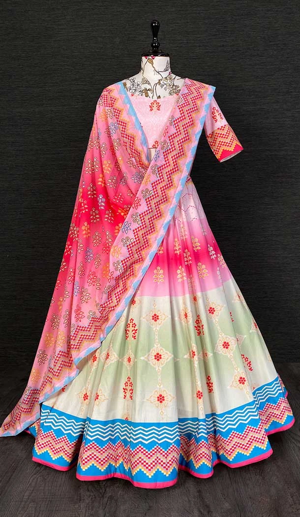 Rose Pink Color Print Work Vaishali Silk Festival Wear Lehenga Choli -4610155995