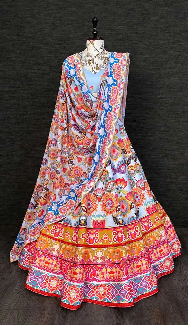 Sky Blue and Multi Color Print Work Vaishali Silk Festival Wear Lehenga Choli -4610155997