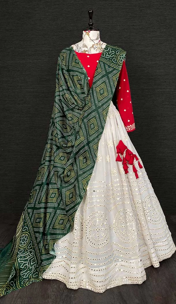 White Color Mirror And Embroidery Work Georgette Festival Wear Lehenga Choli -4610155998