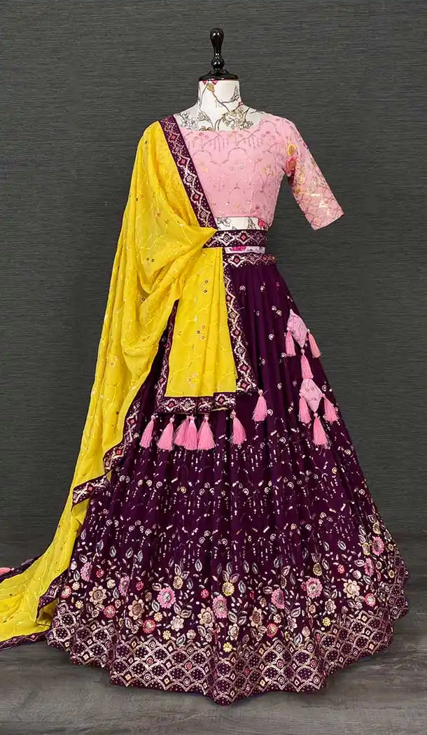 Wine Color Georgette Sequins Embroidery Work Party Wear Plus Size Lehenga Choli -4611156003