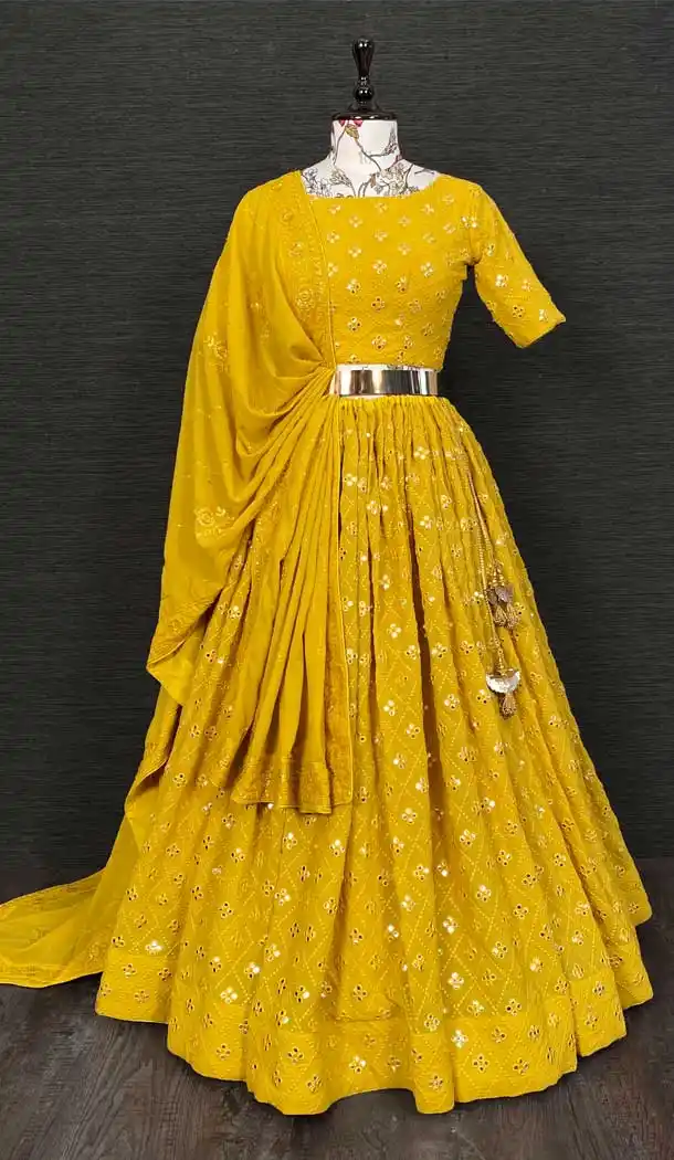 Yellow Georgette Thread And Paper Mirror Work Party Wear Plus Size Lehenga Choli -4611156005