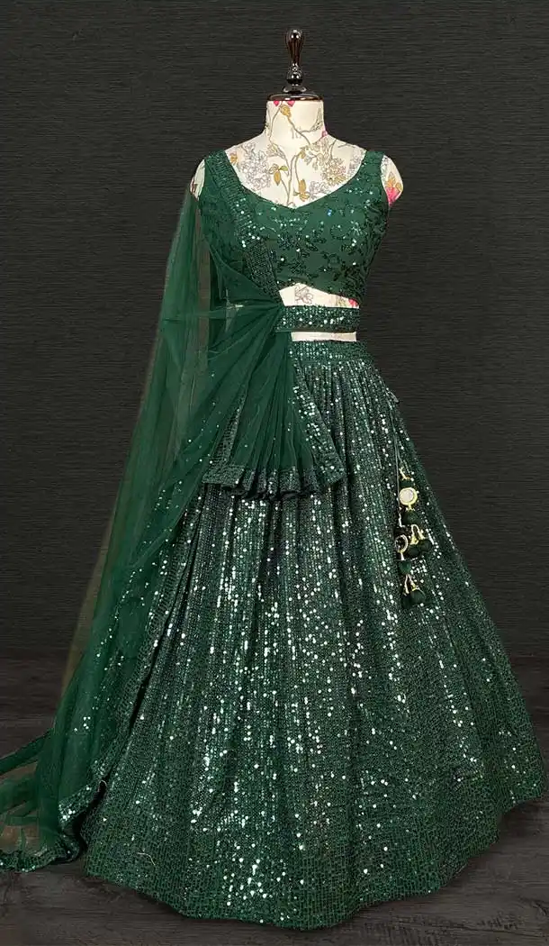 Green Georgette Sequence Embroidery Work Party Wear Plus Size Lehenga Choli -4611156008