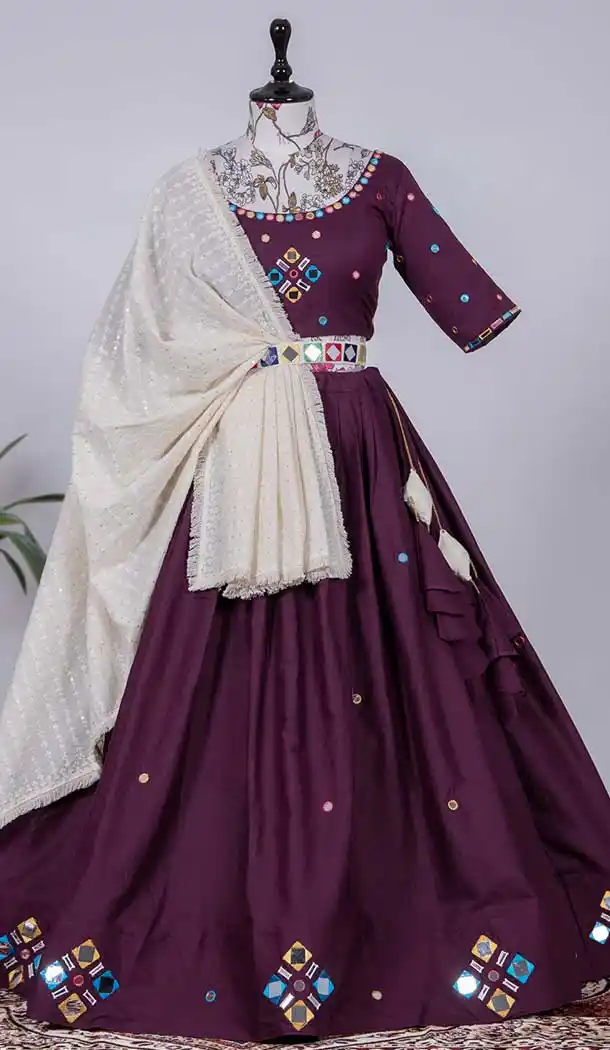 Dark Purple Cotton Original Mirror Handwork Party Wear Plus Size Lehenga Choli -4611156009