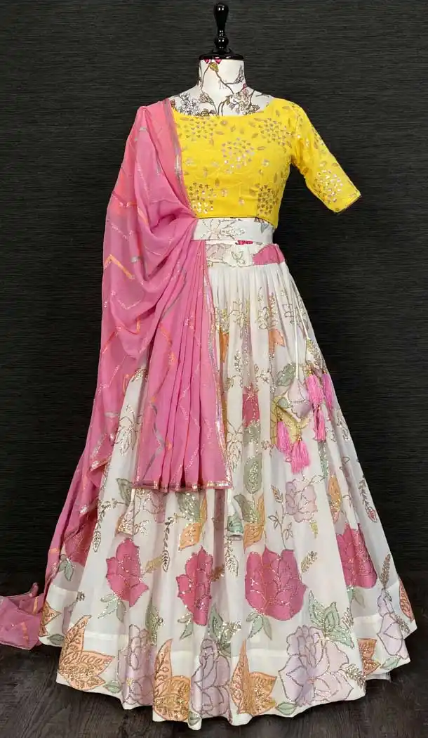 Off White Georgette Sequins Embroidery Work Party Wear Plus Size Lehenga Choli -4611156010