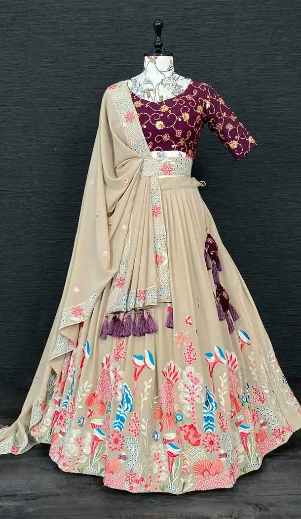 Beige Georgette Sequence Embroidery Work Party Wear Plus Size Lehenga Choli -4611156011