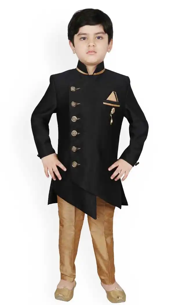 Festival Wear Dhupion Silk Black Color Readymade Kids Boys Kurta Pajama -4624156095