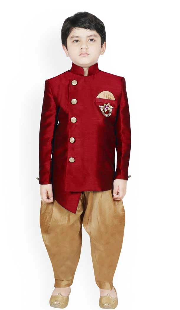 Maroon Color Dhupion Silk Readymade Kids Boys Festival Wear Dhoti Kurta - 4624156108