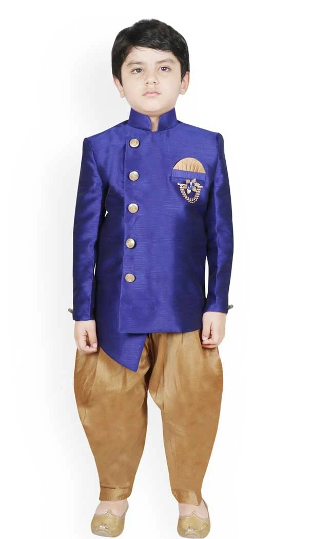 Royal Blue Color Dhupion Silk Readymade Kids Boys Festival Wear Dhoti Kurta - 4624156110
