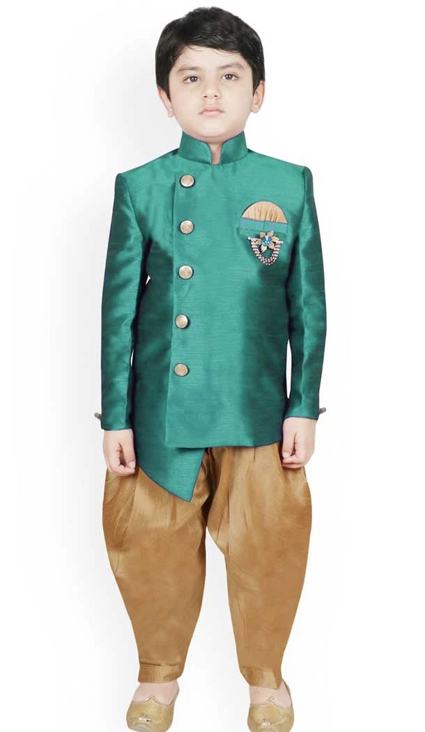 Rama Green Color Dhupion Silk Readymade Kids Boys Festival Wear Dhoti Kurta - 4624156112