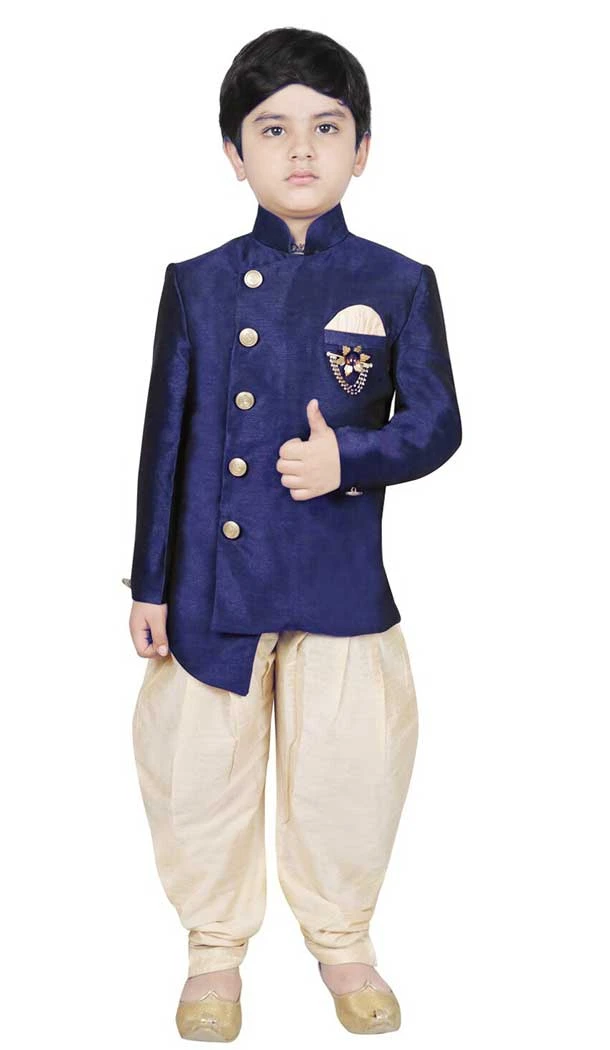 Navy Blue Color Dhupion Silk Readymade Kids Boys Festival Wear Dhoti Kurta - 4624156113