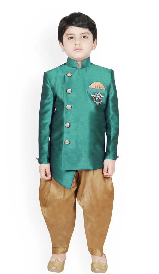 Rama Green Color Dhupion Silk Readymade Kids Boys Festival Wear Dhoti Kurta - 4624156117