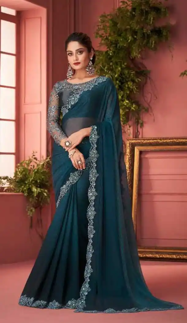 Teal Color Chiffon Embroidery Work Designer Party Wear Plus Size Saree -4629156194