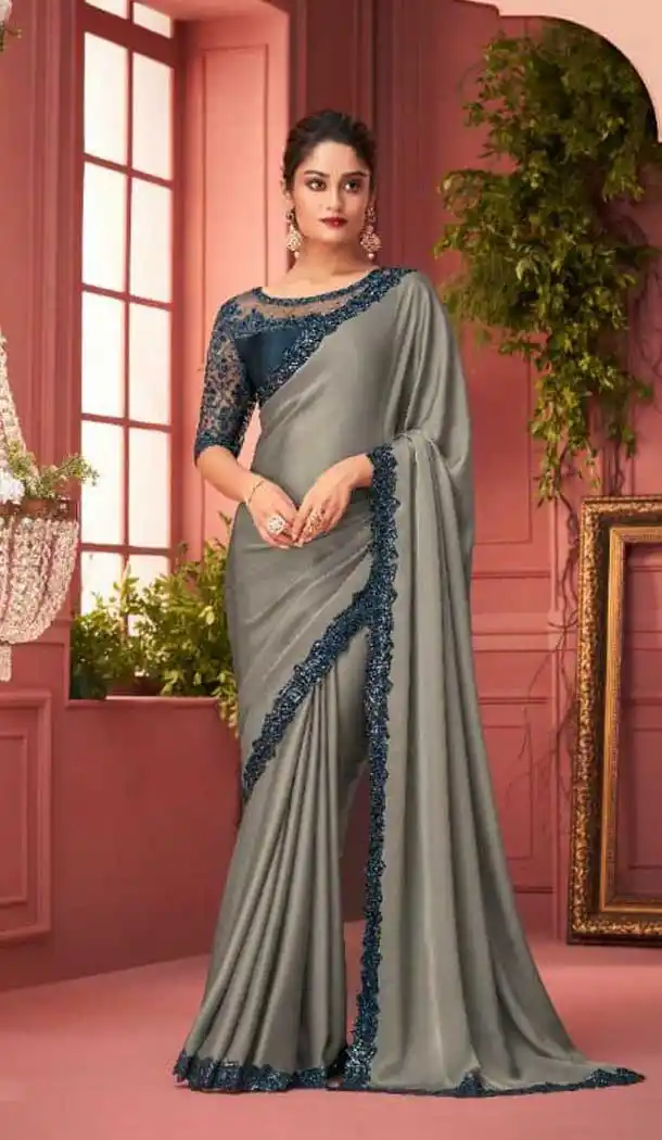 Grey Color Georgette Embroidery Work Designer Party Wear Plus Size Saree -4629156195