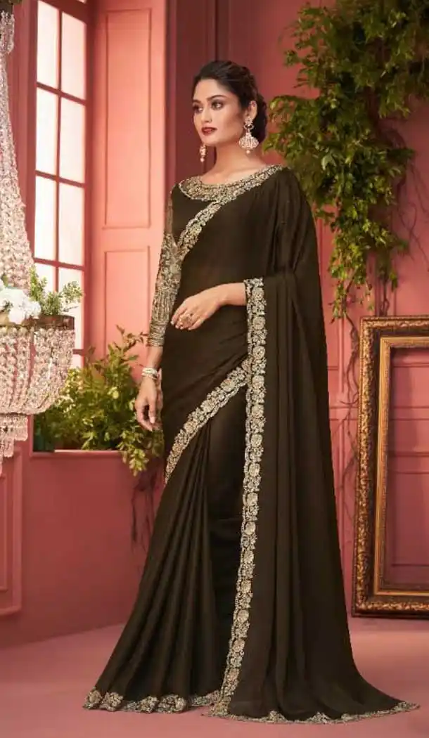Dark Mehendi Green Color Chiffon Embroidery Work Designer Party Wear Plus Size Saree -4629156199