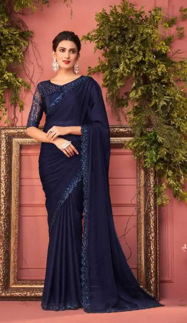 Navy Blue Color Georgette Embroidery Work Designer Party Wear Plus Size Saree -4629156202