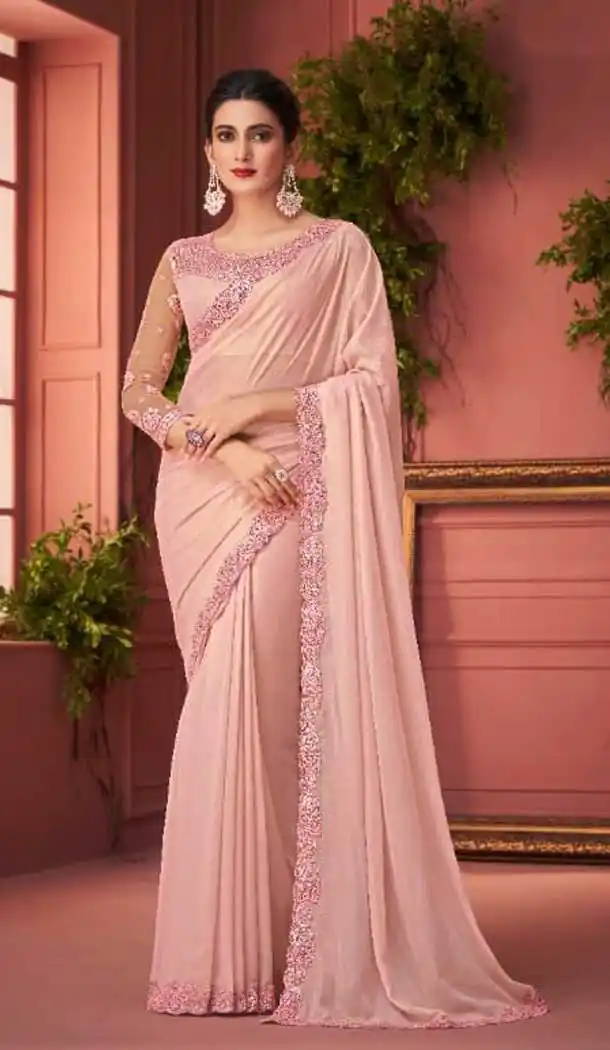 Light Pink Color Georgette Embroidery Work Designer Party Wear Plus Size Saree -4629156203