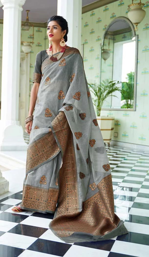 Grey Color Linen Silk Woven Zari Printed Work Traditional Party Wear Saree -4631156217 Grey Color Linen Silk Woven Zari Printed Work Traditional Party Wear Saree -4631156217