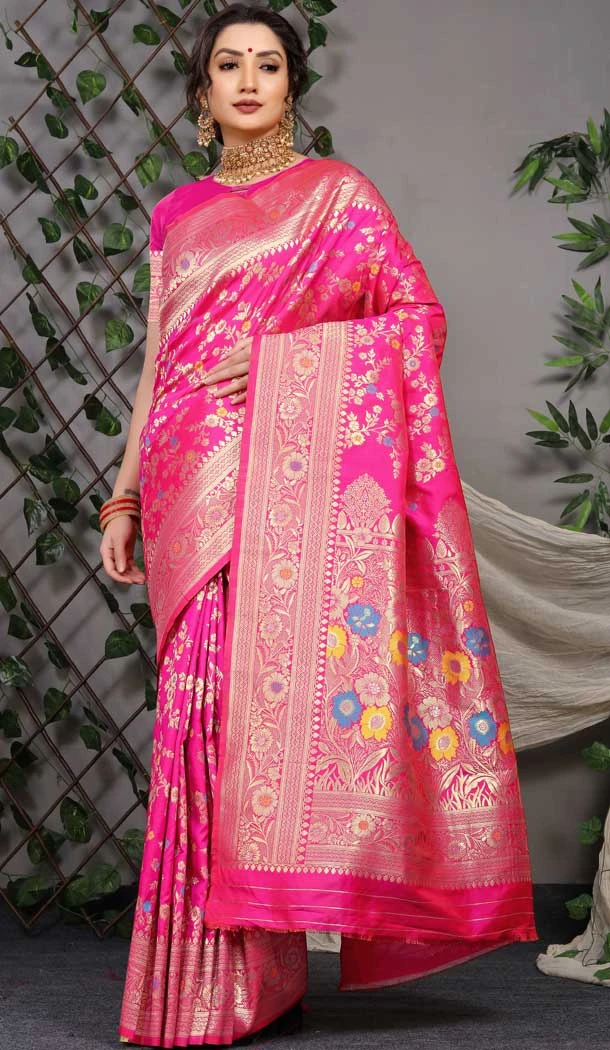 Traditional Party Wear Banarasi Silk Saree With Jacquard Work In Rani Pink Color -4593155780