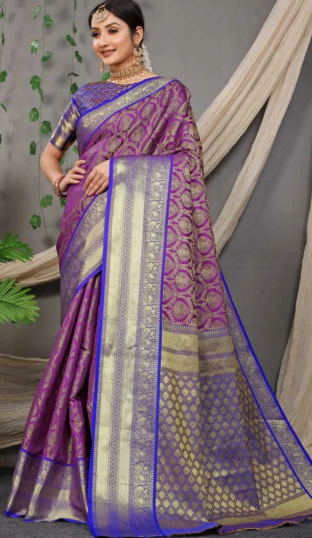 Purple Color Jacquard Work Traditional Wear Banarasi Silk Saree Blouse -4594155795