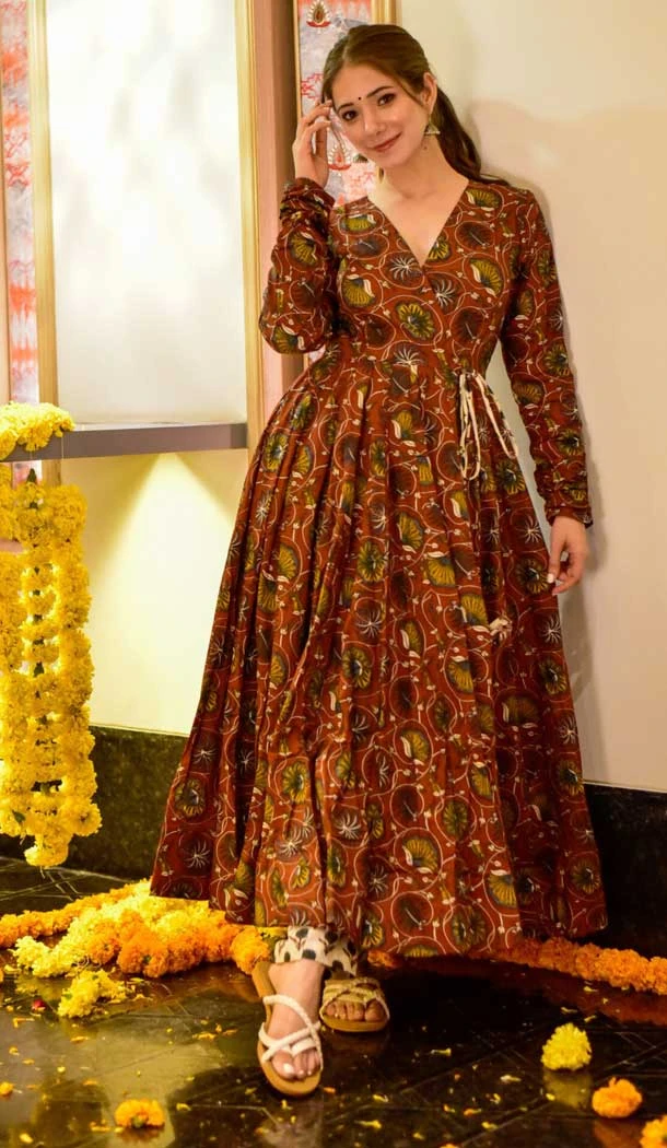 Brown Color Cotton Silk Digital Print Work Anarkali Style Kurti With Pant -4615156034