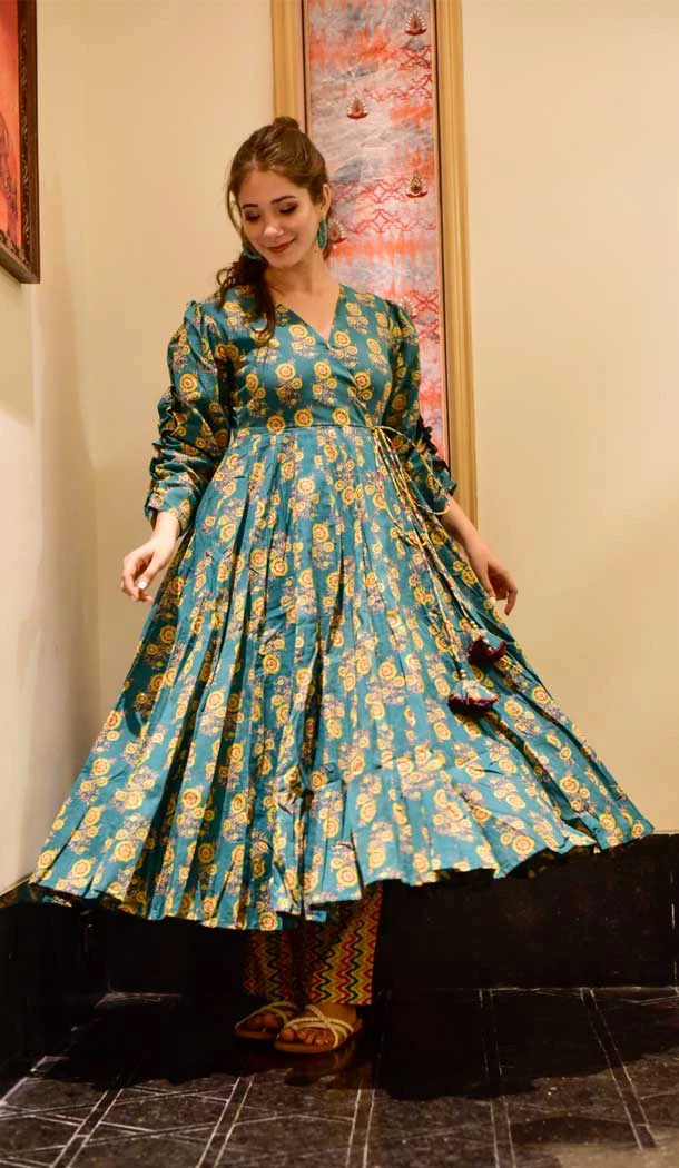 Teal Blue Color Cotton Silk Digital Print Work Anarkali Style Kurti With Pant -4615156035