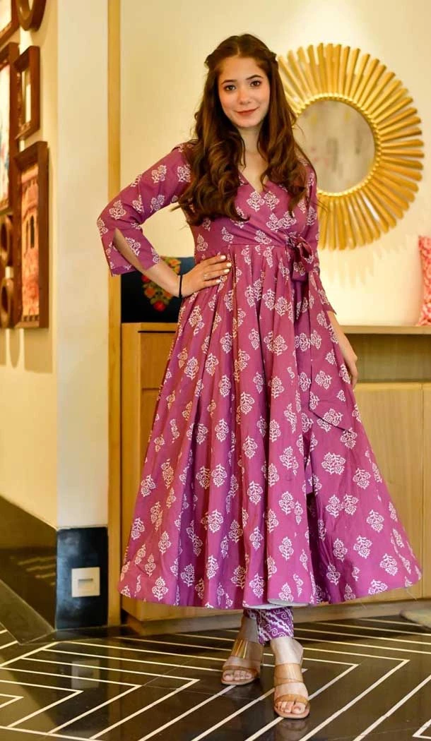 Dusty Purple Color Cotton Silk Digital Print Work Anarkali Style Kurti With Pant -4615156036