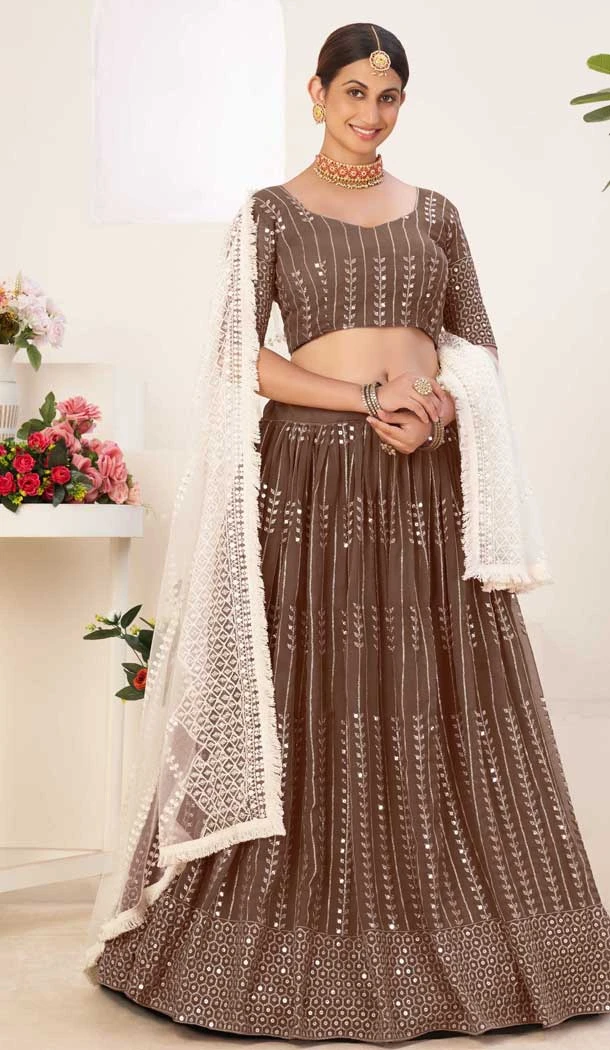 Caramel Color Georgette Embroidery Work Party Wear Lehenga Choli -4622156078