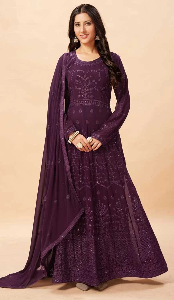 Captivating Wine Color Faux Georgette Embroidery Work Anarkali Style Suit -4635156246