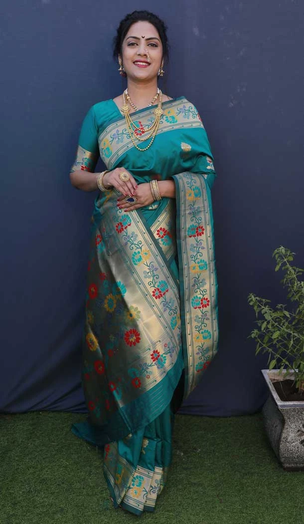 Function Wear  Rama Blue Color Jacquard Work Paithani Silk Party Wear Saree Blouse -4639156267
