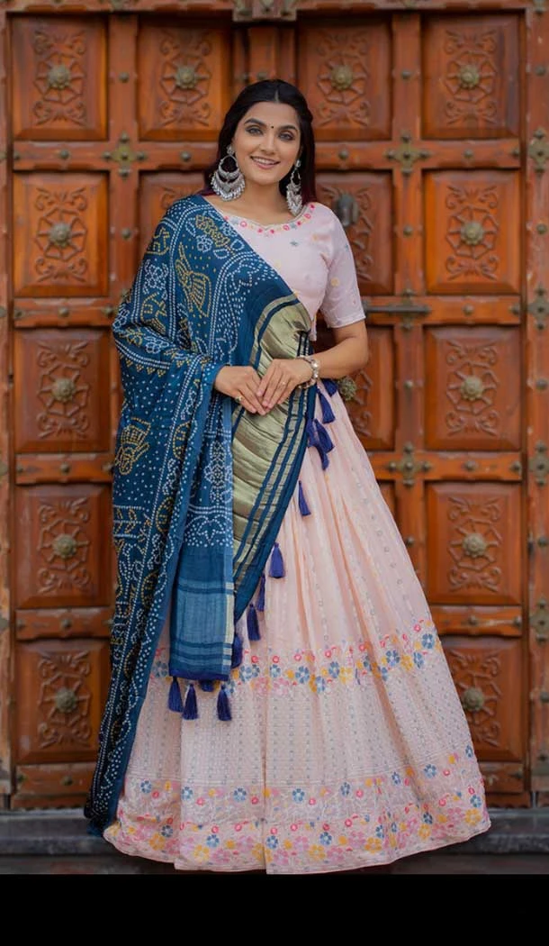 Function Wear Georgette Embroidery Work Lehenga Choli In Peach Color -4648156344