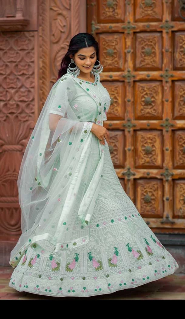 Function Wear Georgette Embroidery Work Lehenga Choli In Pista Color -4648156345