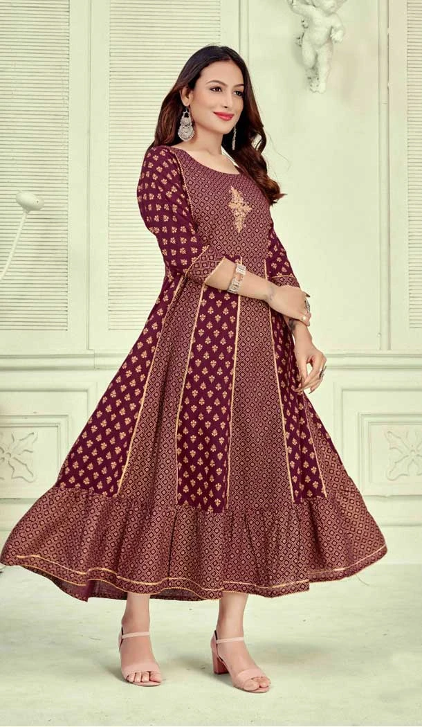 Classy Maroon Color Rayon Foil Print With Neck Hand Work Party Wear Kurti -4652156415