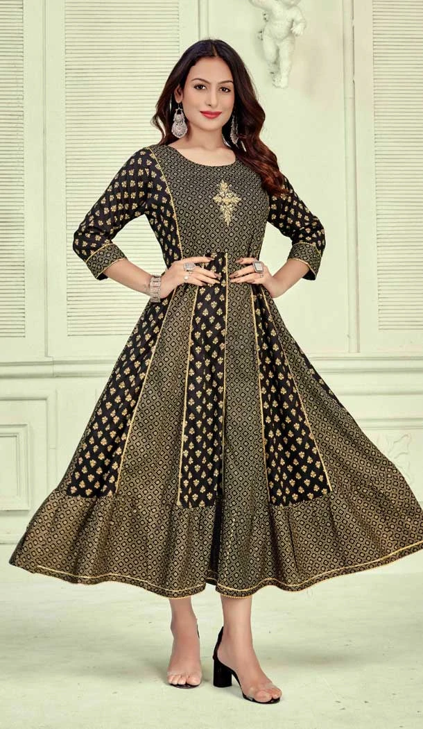 Fancy Black Color Rayon Foil Print With Neck Hand Work Party Wear Kurti -4652156416