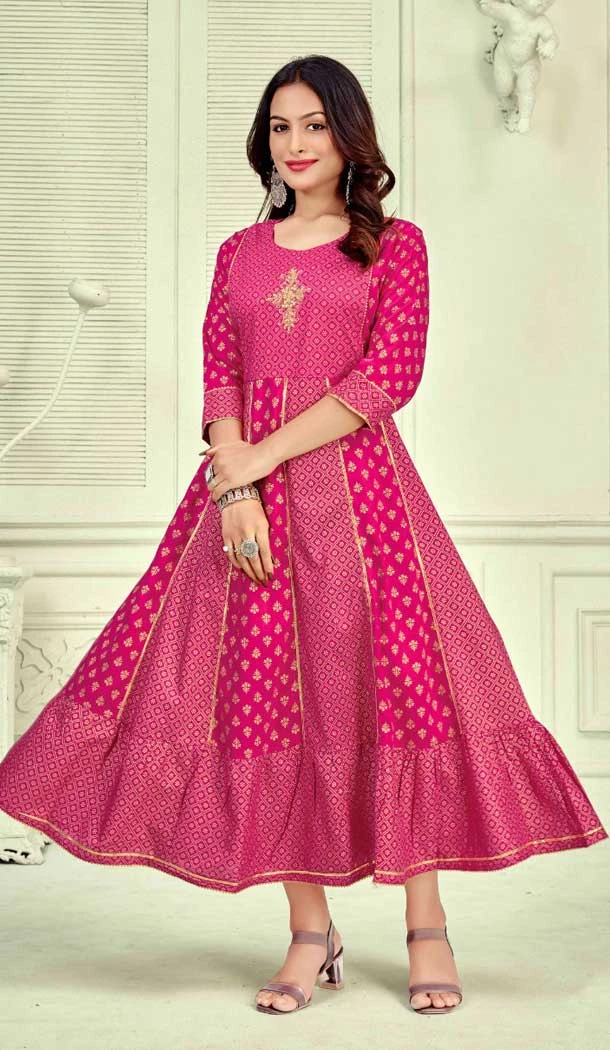 Marvelous Hot Pink Color Rayon Foil Print With Neck Hand Work Party Wear Kurti -4652156417