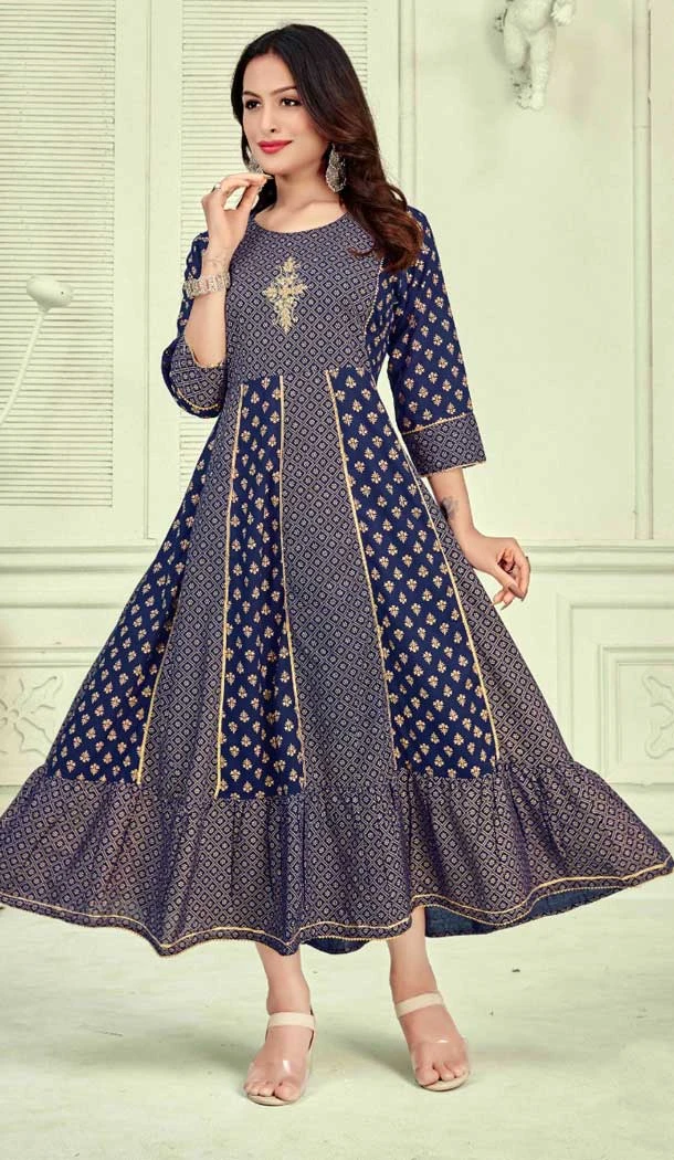 Ethnic Navy Blue Color Rayon Foil Print With Neck Hand Work Party Wear Kurti -4652156418