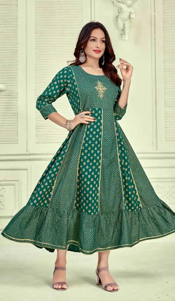 Aesthetic Teal Green Color Rayon Foil Print With Neck Hand Work Party Wear Kurti -4652156419
