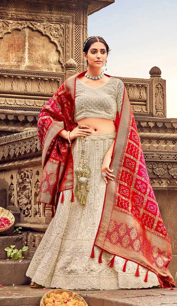 Cream Color Lakhnavi Work Pure Georgette Designer Wear Plus Size Lehenga Choli -4653156420