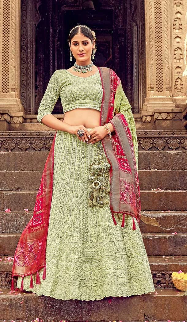 Pastel Green Color Lakhnavi Work Pure Georgette Designer Wear Plus Size Lehenga Choli -4653156422