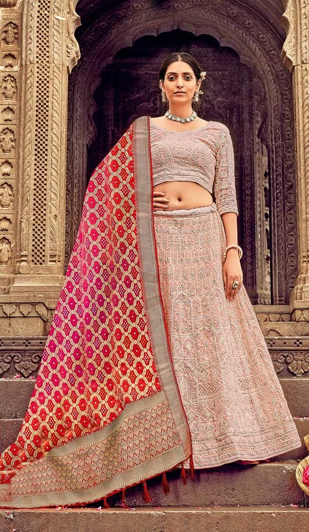 Peach Color Lakhnavi Work Pure Georgette Designer Wear Plus Size Lehenga Choli -4653156423